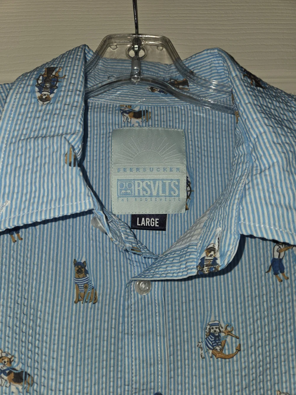 Rsvlts Seersucker Mens L nautical Dogs Blue Button Down Shirt